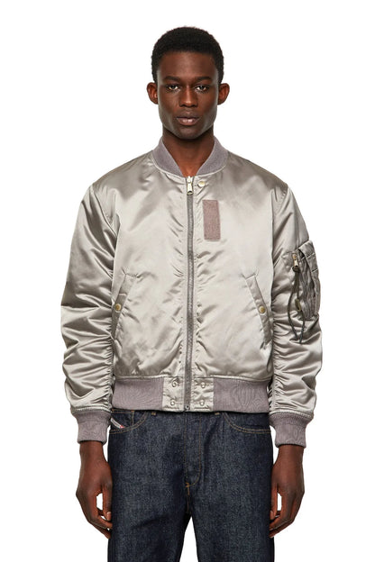 Grey bomber jacket with full zip, ribbed collar and cuffs, patch chest pocket