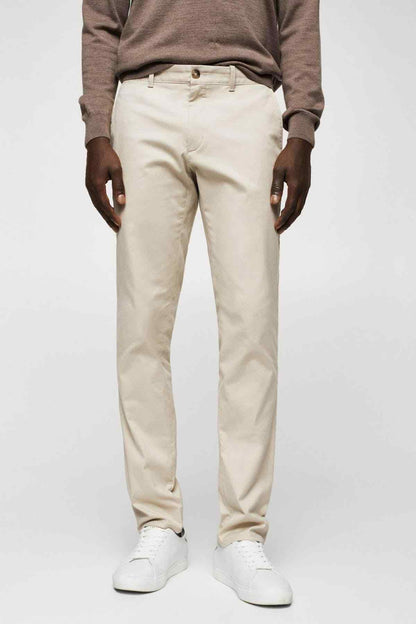 Light beige straight-fit chinos with front button closure and belt loops