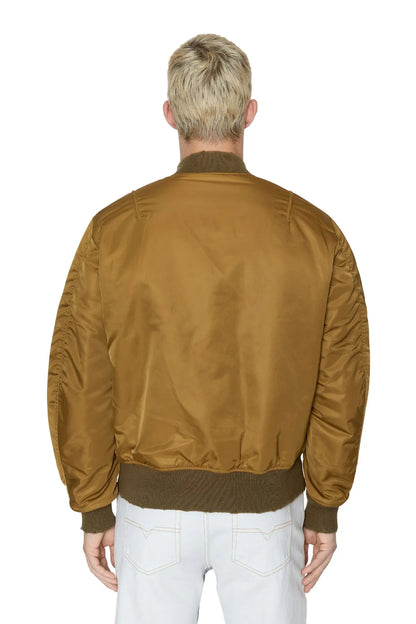 Tan bomber jacket from the back with ribbed knit collar and hem