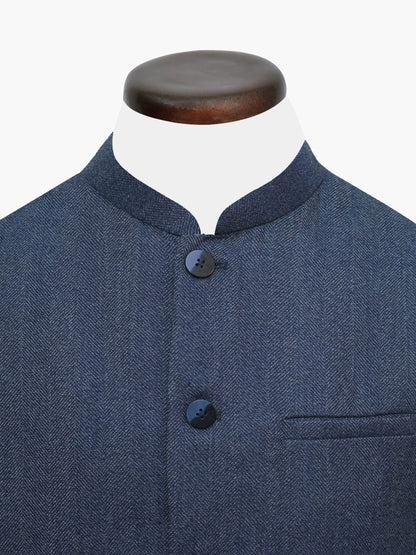 Blue textured suit vest with stand collar and dark button placket