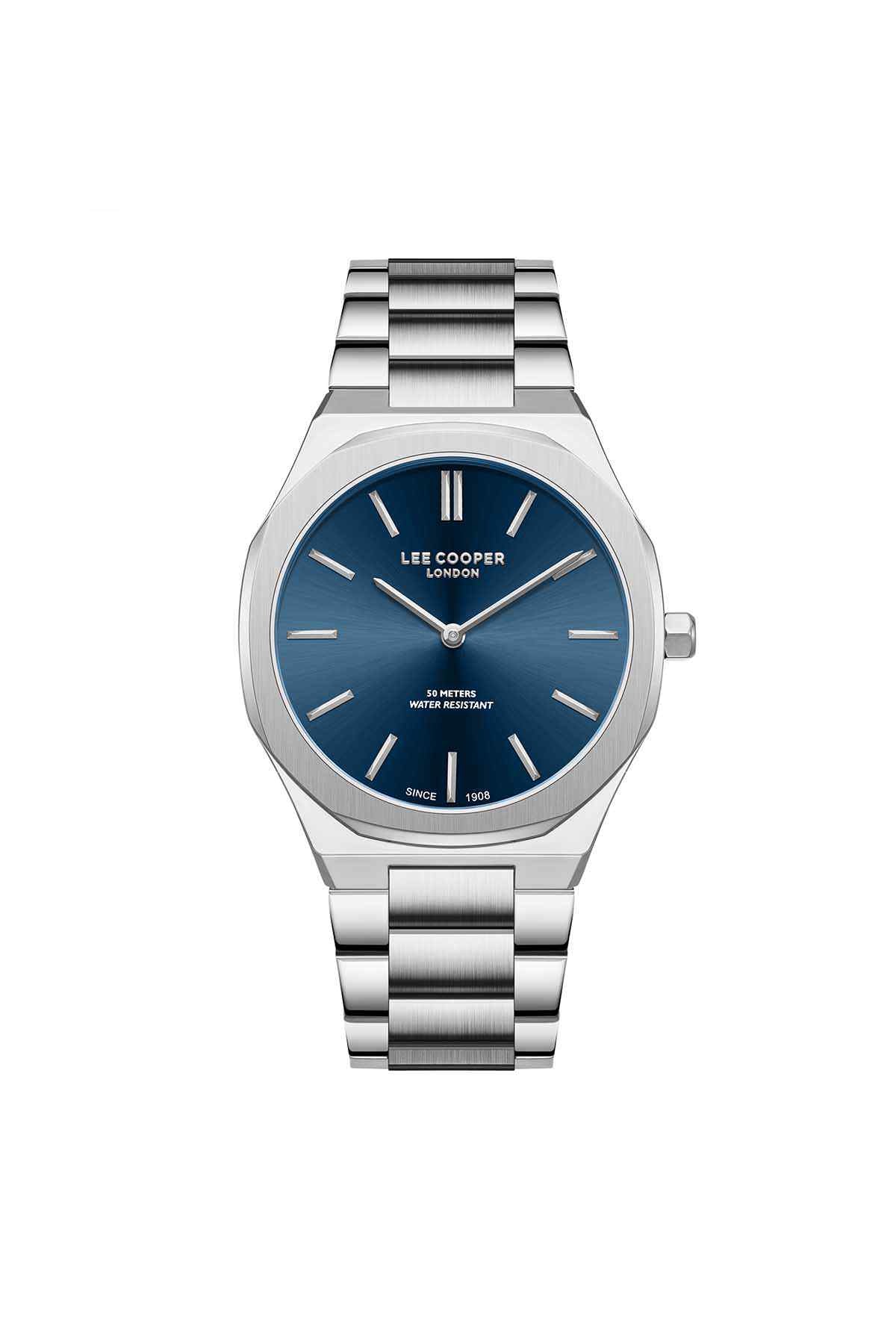 Lee Cooper silver steel wristwatch with blue dial and metal link bracelet