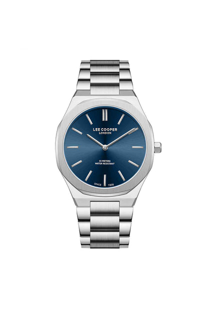 Lee Cooper silver steel wristwatch with blue dial and metal link bracelet