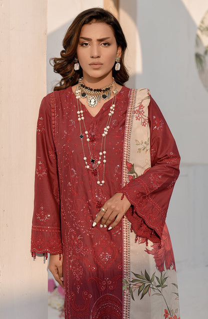 Maroon long tunic dress with ornate embroidery, round neckline, and floral print panels