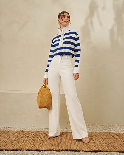 Blue-and-white striped high-neck blouse with button placket and long sleeves