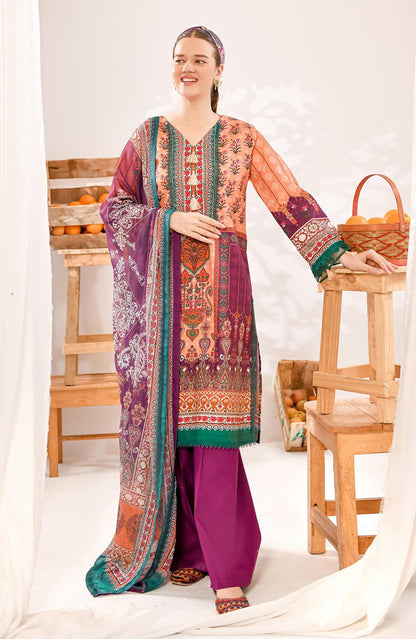 Colorful long kurta with V-neck and teal trim, worn with dark purple pants
