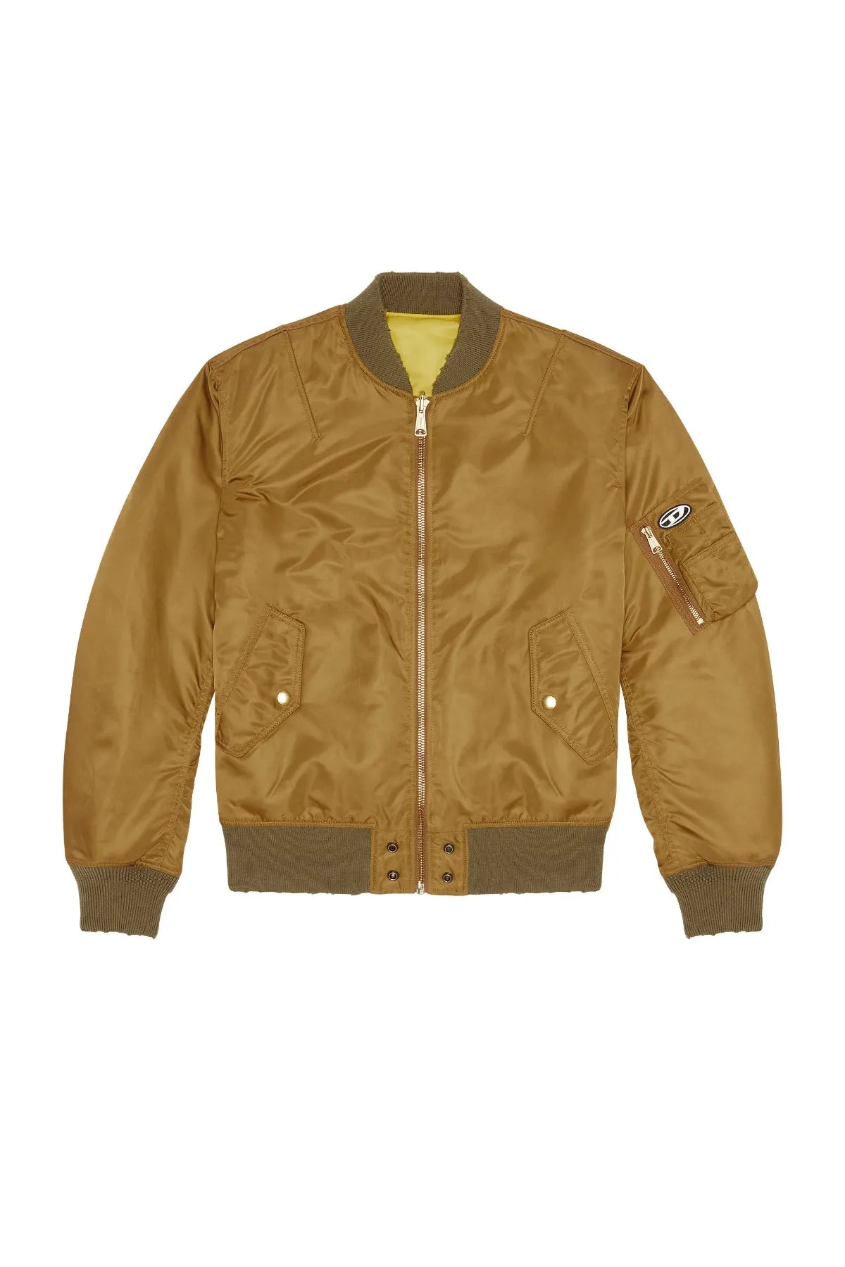 Tan bomber jacket with front zipper and two button flap chest pockets