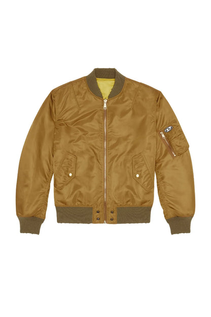 Tan bomber jacket with front zipper and two button flap chest pockets