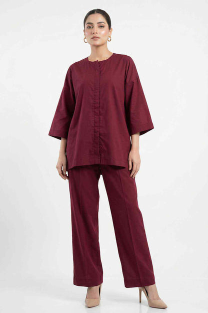 Dark maroon tunic top and cropped wide-leg pants set with center-front detailing