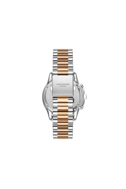 Lee Cooper watch, silver case and bracelet with rose-gold stripe center, side crown