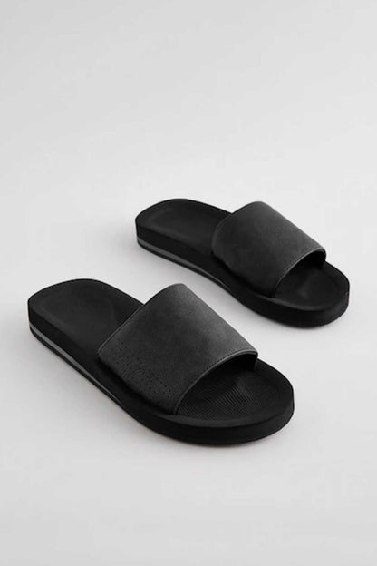 NEXT black slide sandals with wide strap and cushioned footbed