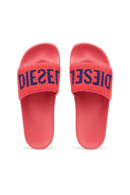 Pink slide sandals front view, DIESEL logo on strap tops