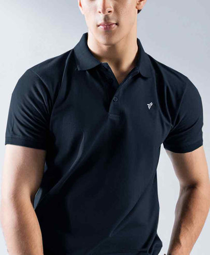 Close-up of dark fitted polo shirt chest with spread collar and embroidered logo