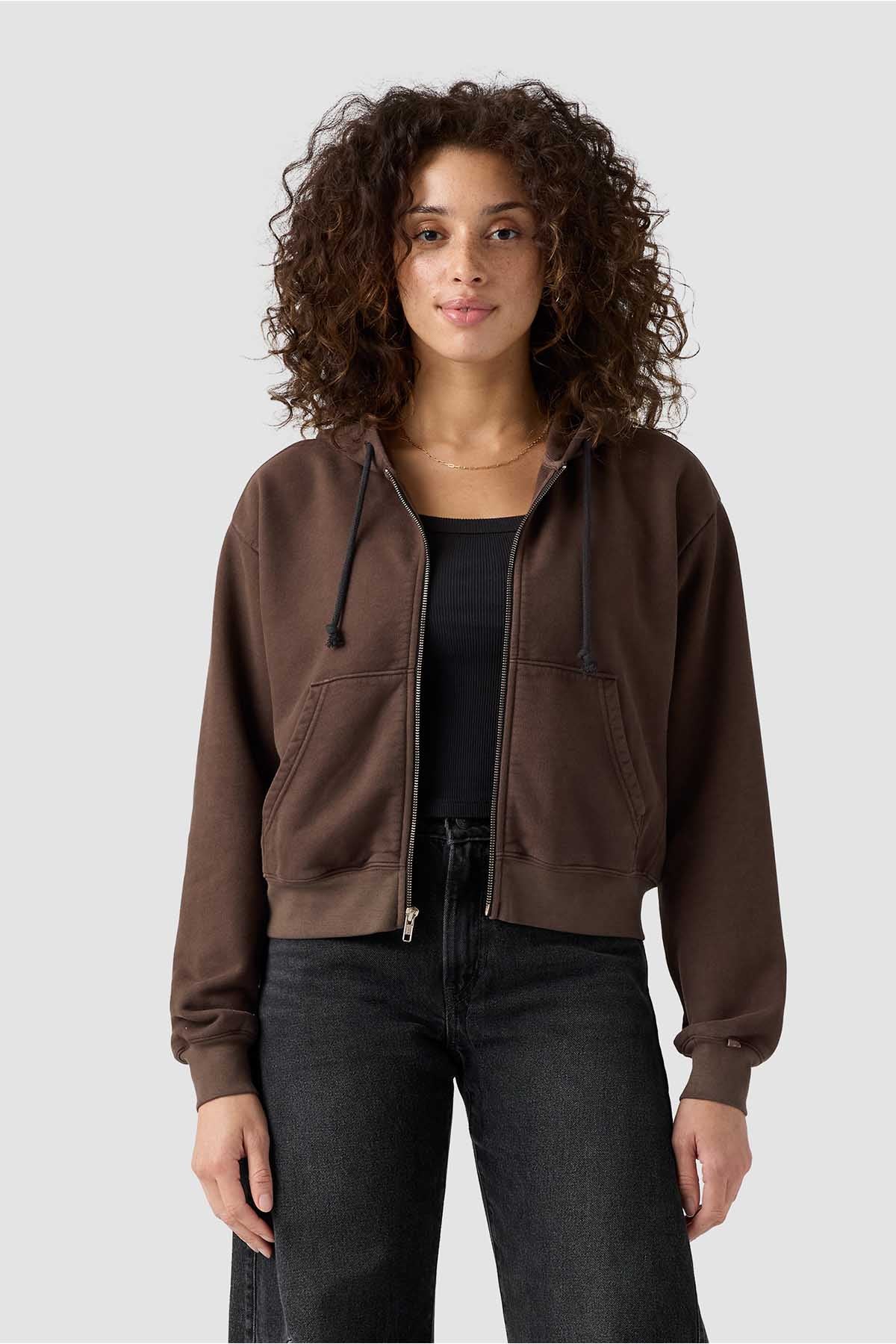 Levi's brown zip-up hoodie with hood, drawstring, and front pockets