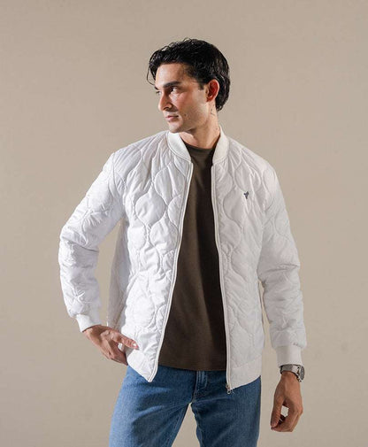 White fitted quilted jacket with full zip front and subtle chest embroidery logo