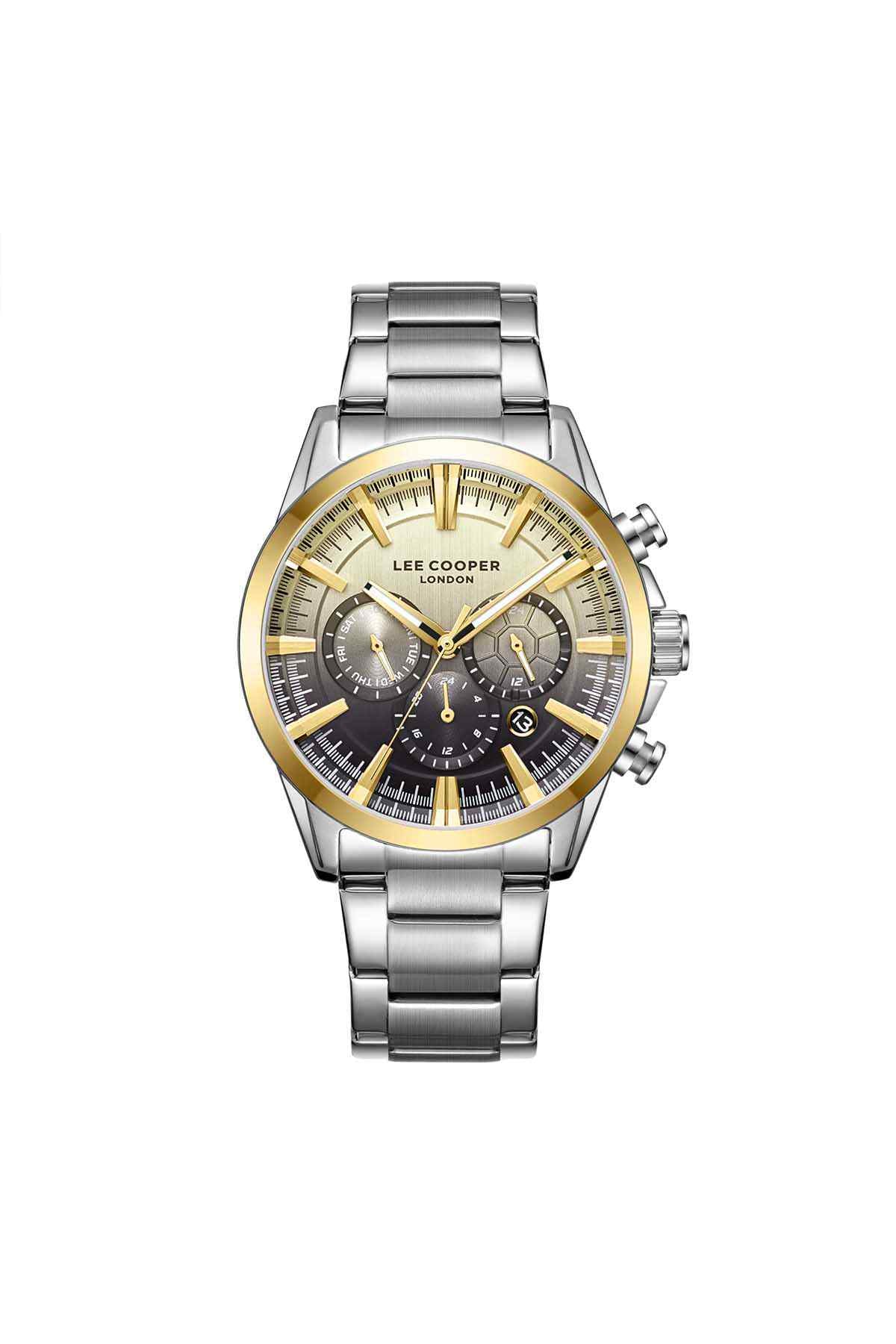 Lee Cooper silver wristwatch with gold dial and dark chronograph subdials