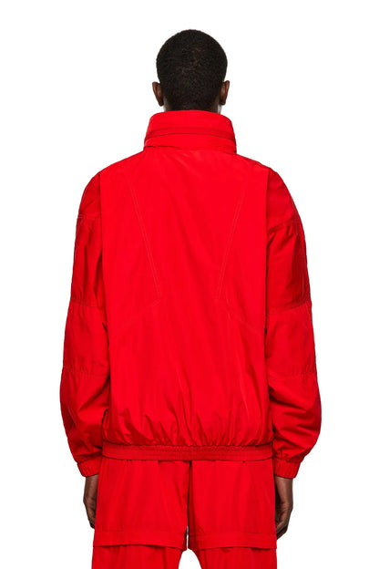 Diesel red hooded jacket back with black zipper, ribbed hem and cuffs