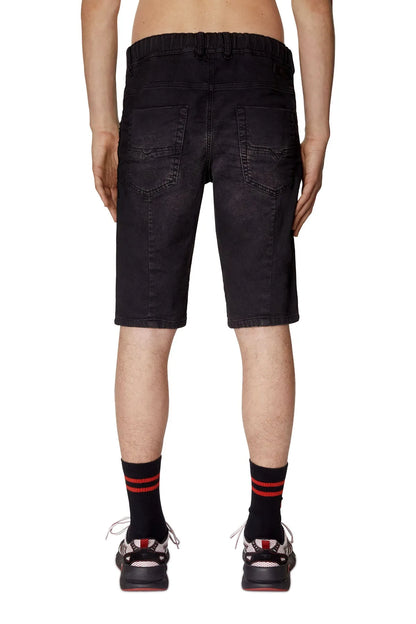 Diesel black denim shorts with elastic waist and knee-length hem