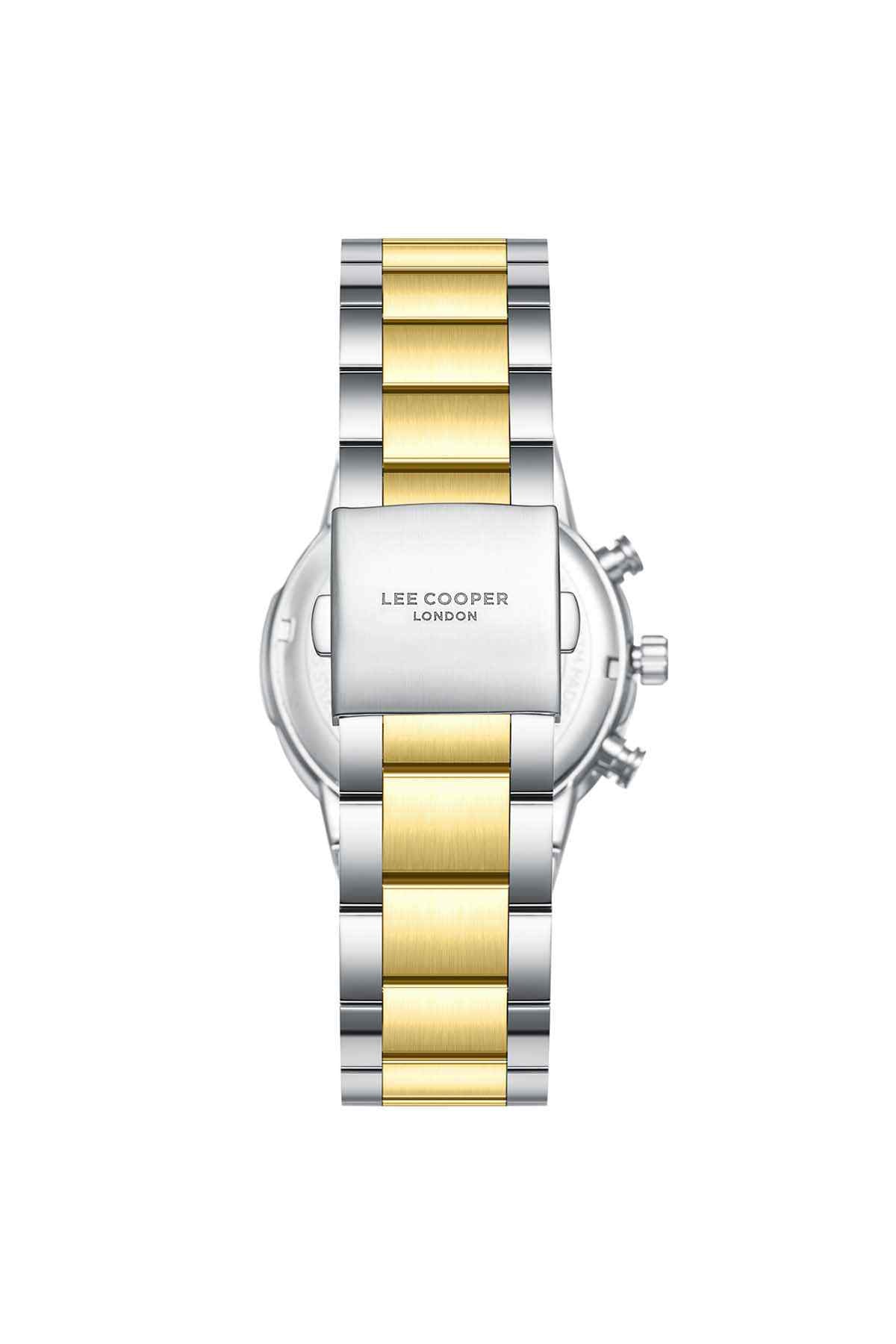 Wristwatch with silver and gold two-tone bracelet, side crown and pushers