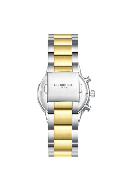 Wristwatch with silver and gold two-tone bracelet, side crown and pushers