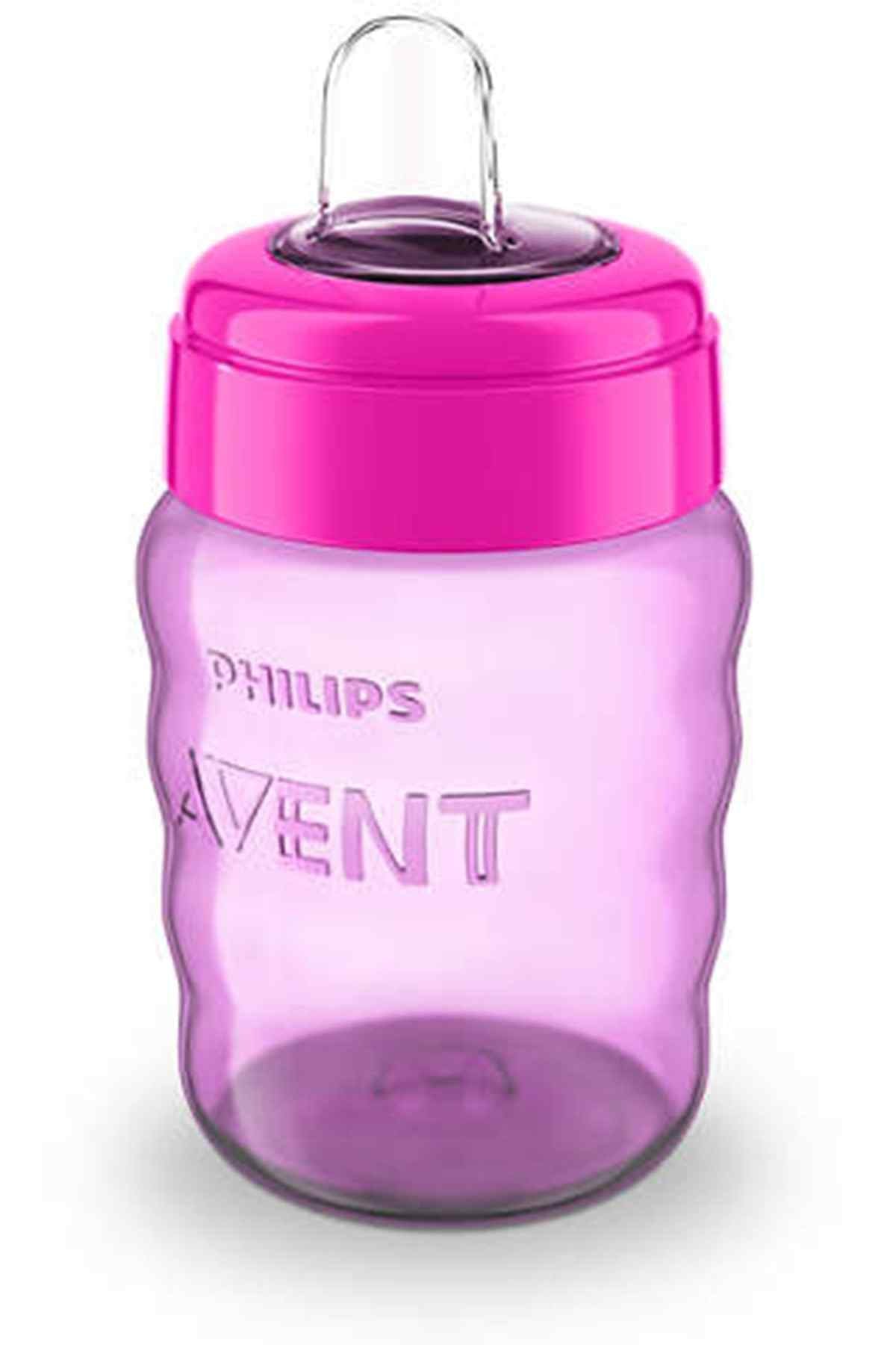 Plastic baby water bottle with carry handle, purple body and pink lid.