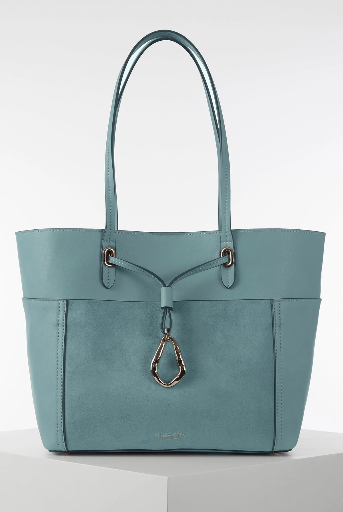 Luella blue tote bag with top handles and front strap detail