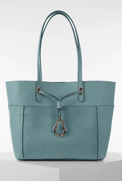 Luella blue tote bag with top handles and front strap detail