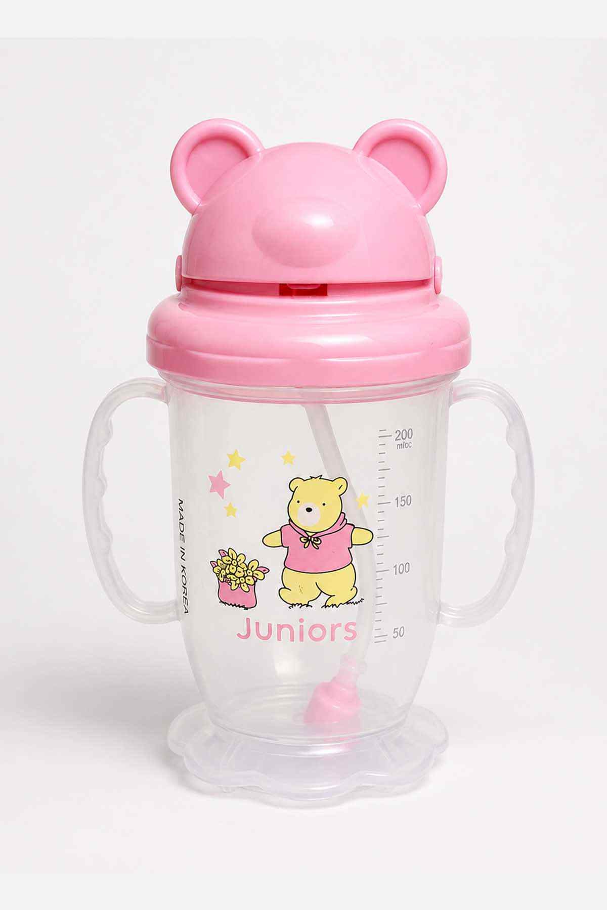 Pink bear-eared toddler sippy cup with clear bottle and cute animal graphics