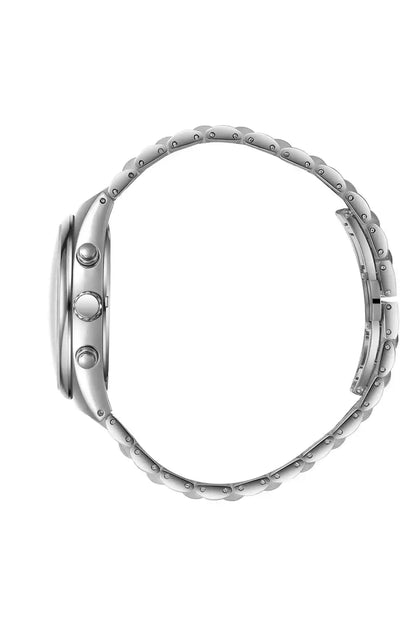 Silver metal wristwatch side profile with perforated bezel and linked band