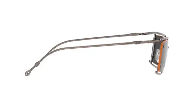 Diesel sunglasses, angled side view, dark lenses, silver frame and orange temple tips