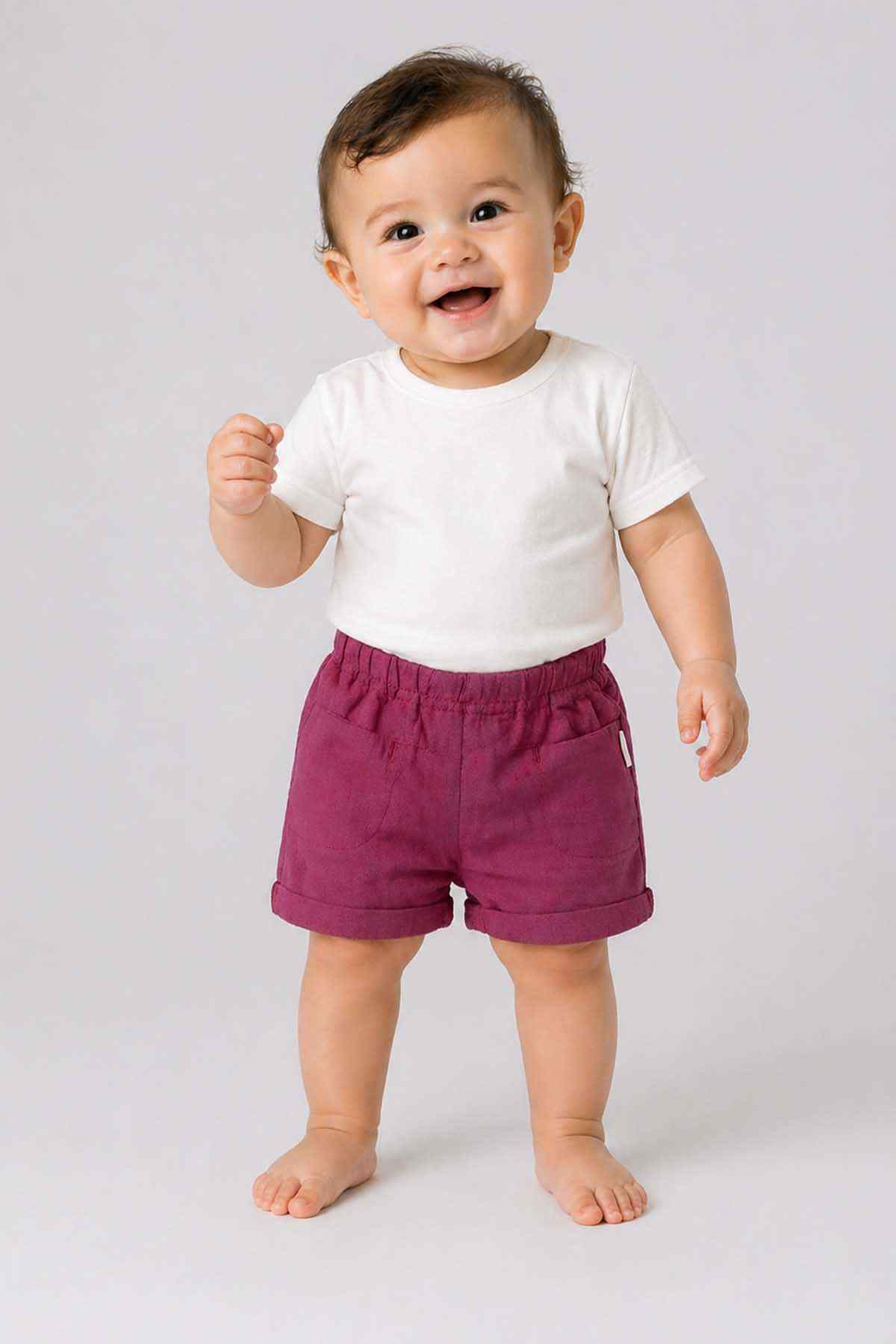 BABYSHOP baby shorts, deep mauve/purple elastic waistband