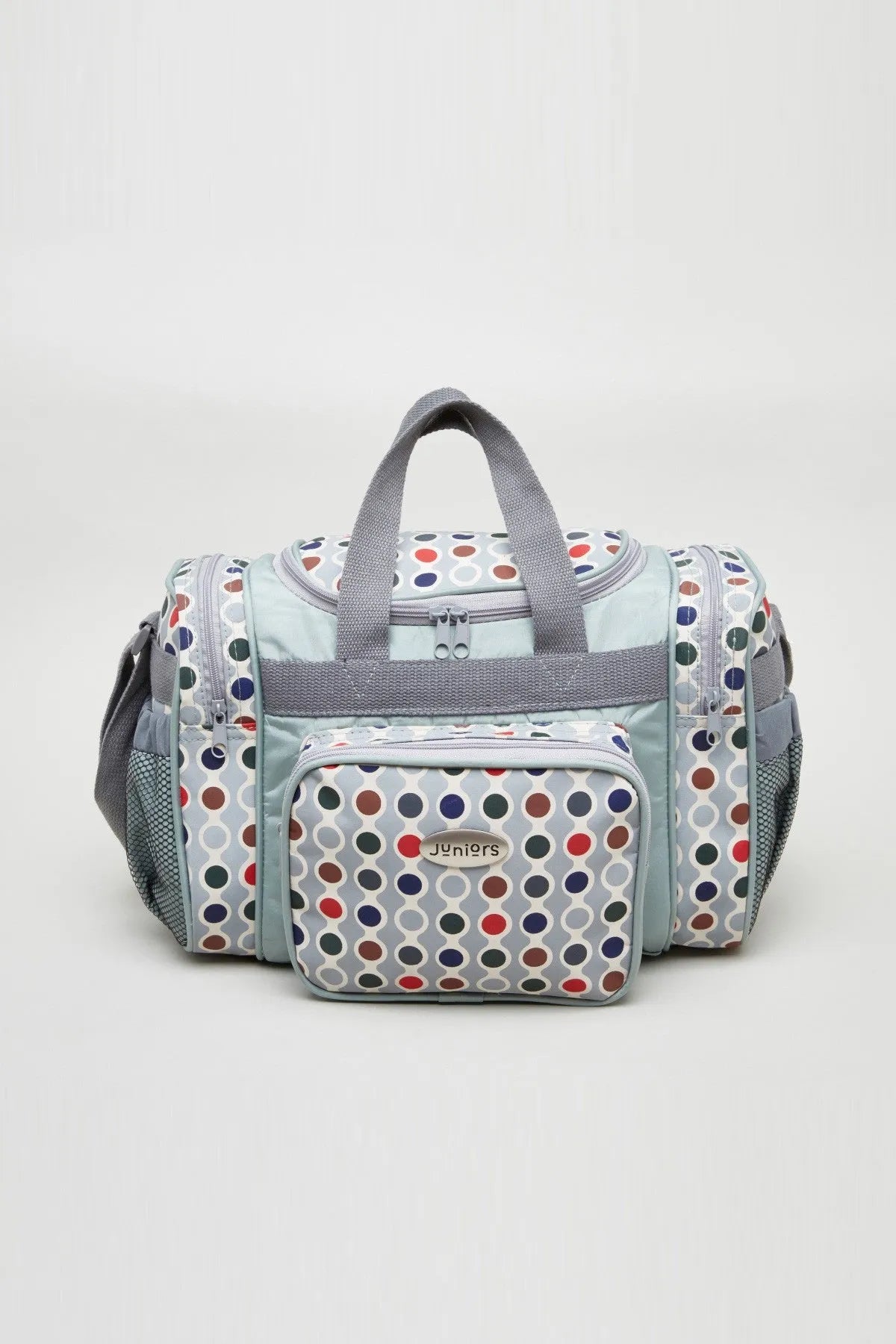 BABYSHOP light blue and grey patterned baby duffel bag with zip front pocket