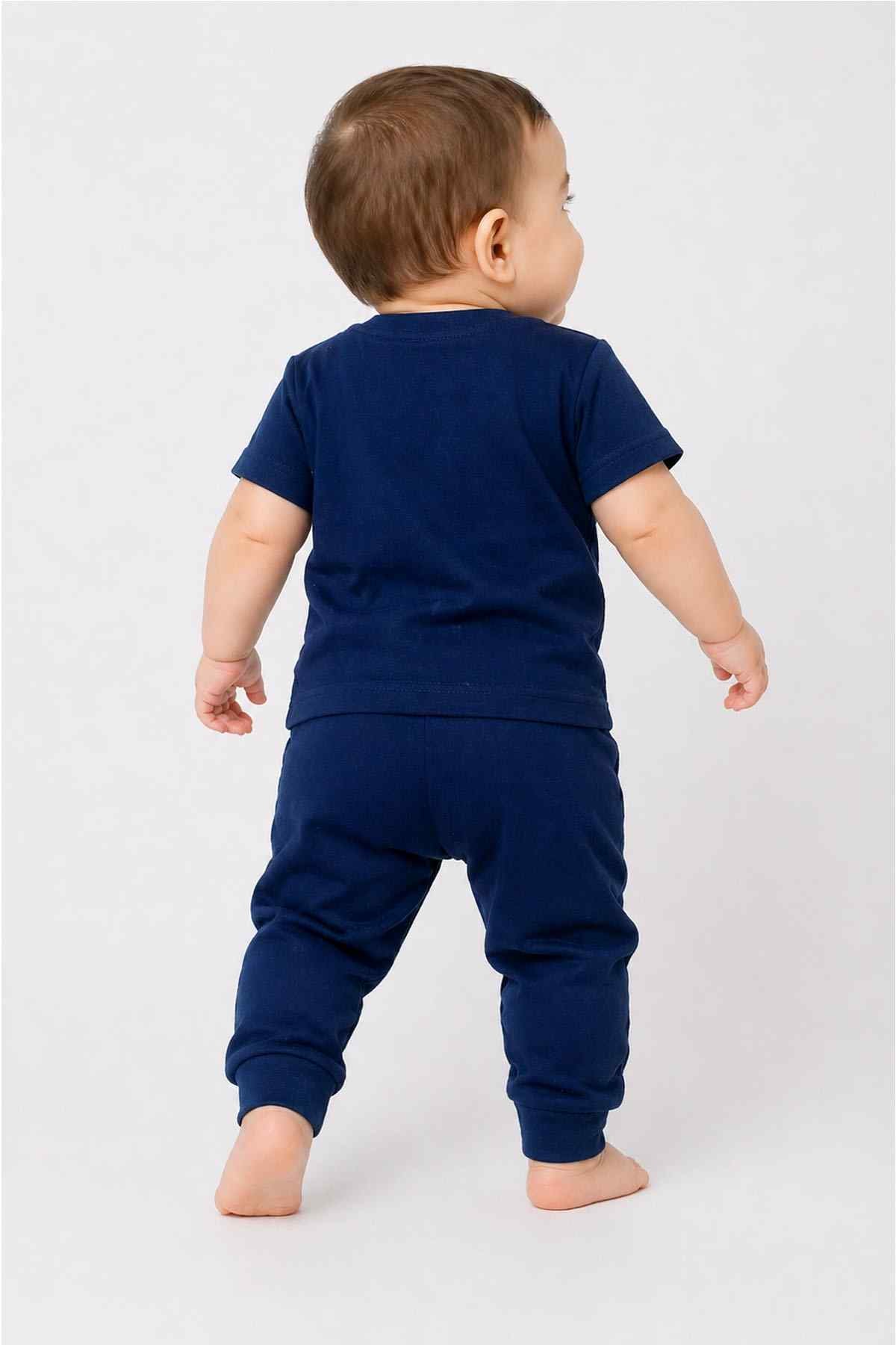 Navy baby T-shirt and jogger set, back view with tiger text on pants