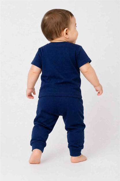 Navy baby T-shirt and jogger set, back view with tiger text on pants