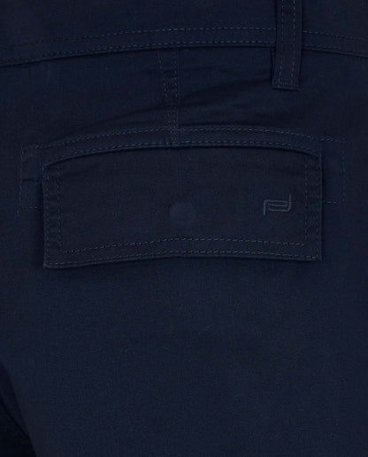 Navy shorts close-up: stitched waistband and front patch pocket