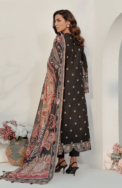 Black embroidered kurta dress with paisley trim, standing side view with dupatta