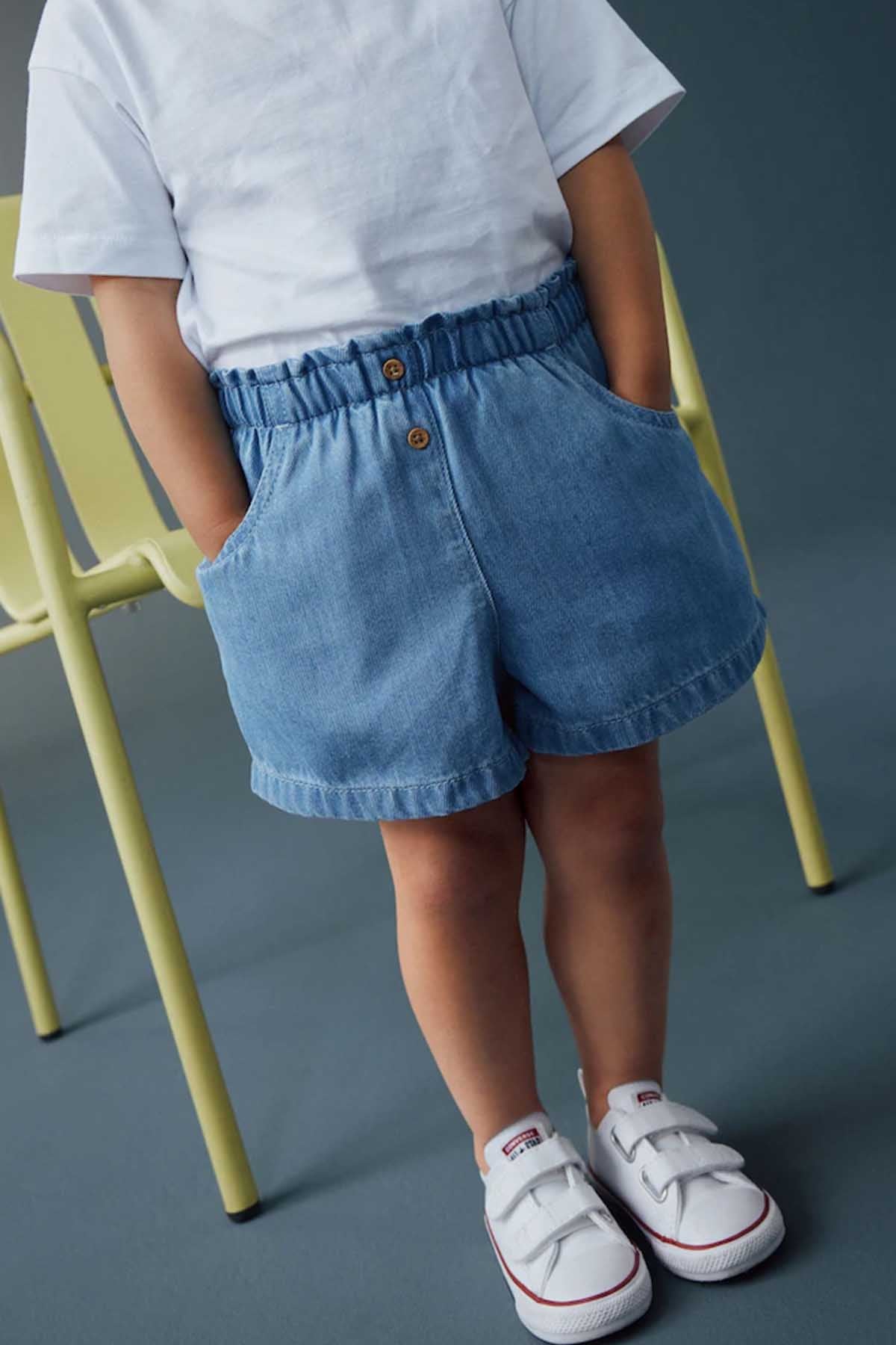 Kids denim shorts, light blue denim, elastic waist with button front and cuffed hem