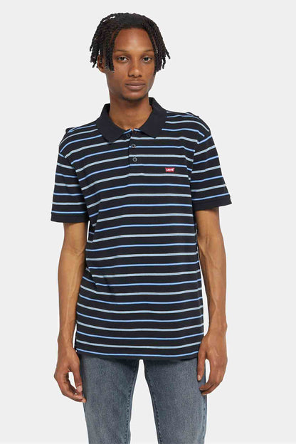 Men's navy-and-white striped polo shirt with button placket and short sleeves