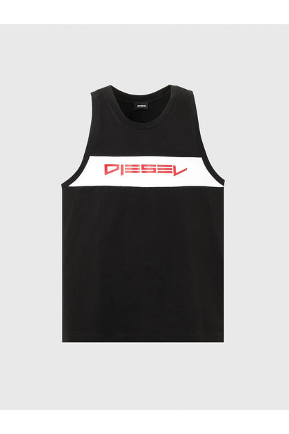 Diesel black sleeveless tank top with red logo across chest