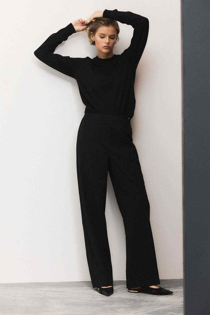 Black long-sleeve top and wide-leg pants set, crew neck