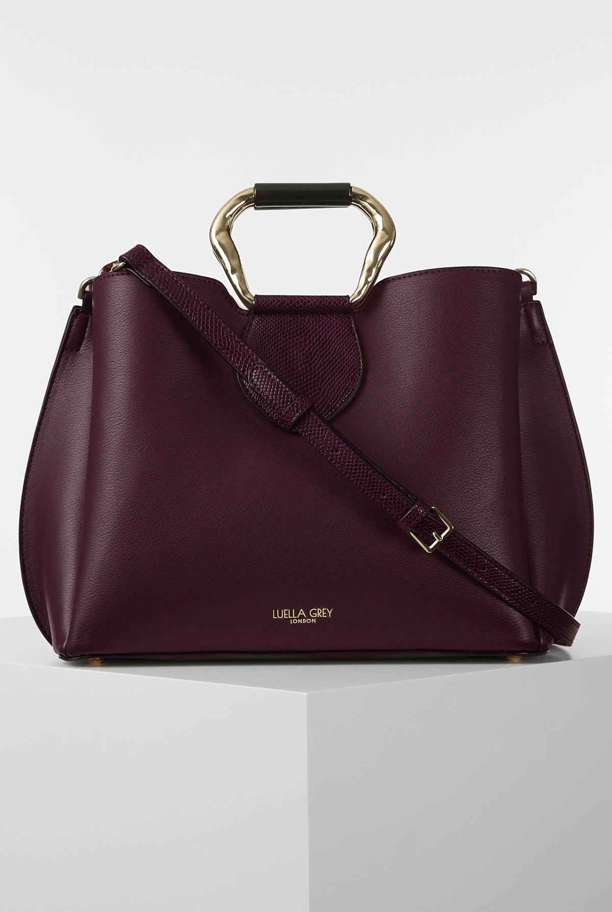 Luella Grey Pakistan handbag in dark purple with top handles and crossbody strap