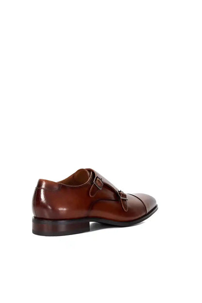 Dune London dark tan leather dress shoe with buckle strap, side profile, low heel