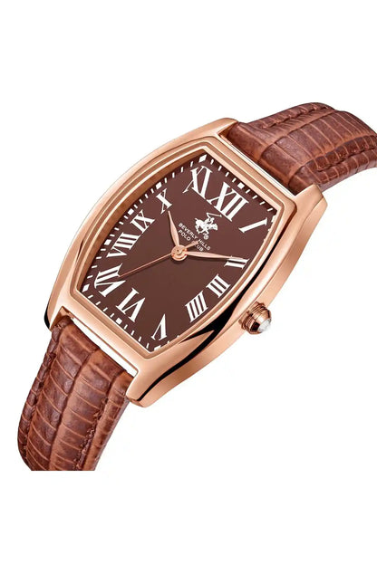 BHPC rose-gold square dial wristwatch with brown leather strap and Roman numerals