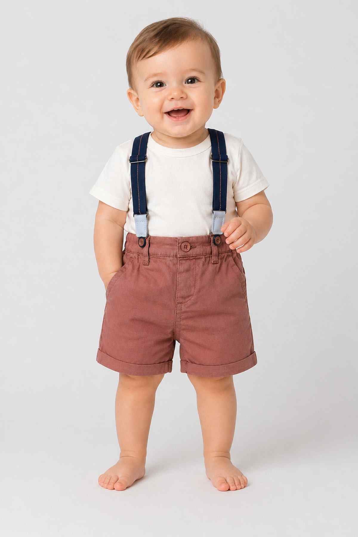 Brown baby short overalls with navy suspenders, front view over a white T-shirt