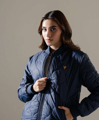 Zip-up quilted puffer jacket with stand collar and small chest logo