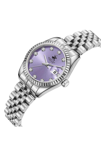 BHPC silver metal wristwatch with purple dial and checkered bracelet links
