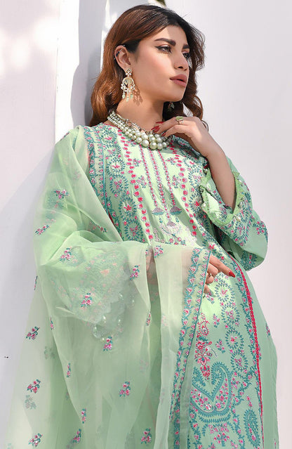 Light green floral embroidered kurta with sheer dupatta, side close-up