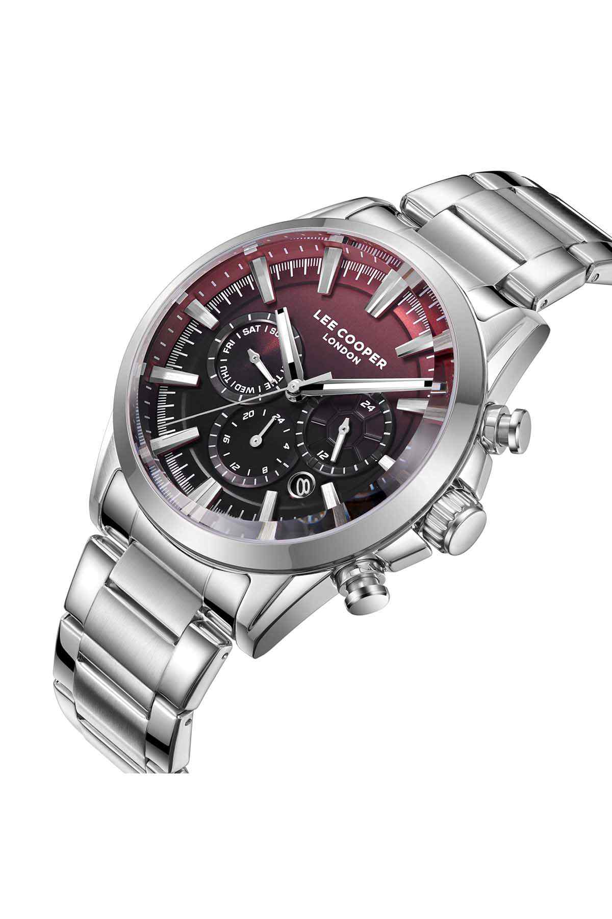 Lee Cooper silver metal wristwatch, round case, black dial with red ring and subdials