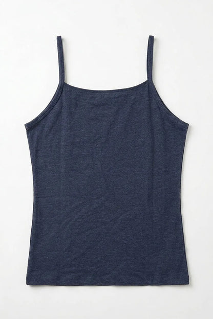Navy camisole tank top flat lay with spaghetti straps, smooth knit