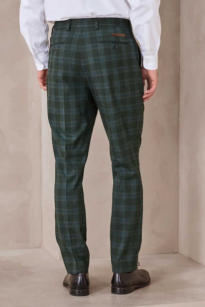 Men's green plaid suit trousers, rear view, button waist, belt loops