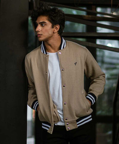 Men's tan fitted bomber jacket, snap buttons, striped ribbed collar and cuffs